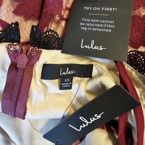 Lulus Alluring Dream Burgundy Floral Mesh Lace Trumpet Midi Dress Red - Picture 12 of 14